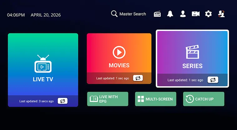 Interface de l'application IPTV : TV en direct, films et séries