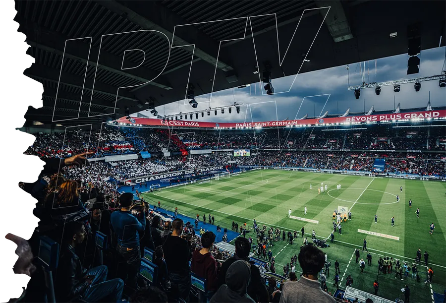 Stade de football rempli diffusé en 4K via un abonnement IPTV 12 mois premium